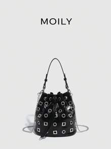 Bolso de cubo con remaches decorativos para mujer, bolso de hombro, bolso de bandolera, bolso de noche - Negro - Ver 1