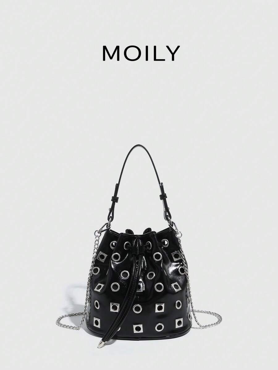 Bolso de cubo con remaches decorativos para mujer, bolso de hombro, bolso de bandolera, bolso de noche - Negro - Ver 1