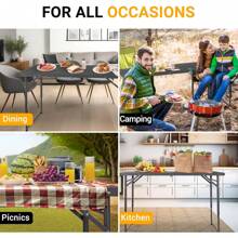 Folding Table 4 Foot, Portable Plastic Card Heavy Duty Fold-In-Half Small Foldable Table, Indoor Outdoor Adjustable Height Folding With Carrying Handle For Picnic, Camping, Party, Grey