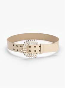 Faux Leather Pearl Decor Fashion Dual Row Perforated Wide Belt - Beige - View 2