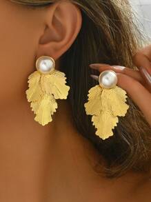1 对女士夸张几何叶子设计耳环，简约时尚，适合日常休闲佩戴 - 金黃色 - 查看 2