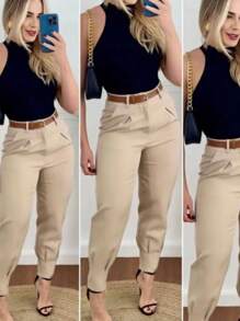 Women's Formal Carrot Tailored Trousers Basic Jogger Pants - 米色 - 查看 1