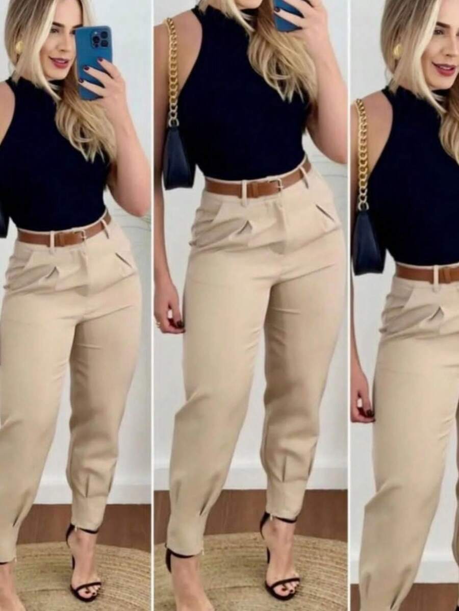 Women's Formal Carrot Tailored Trousers Basic Jogger Pants - 米色 - 查看 1