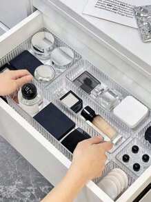 1pc Transparent Striped Cosmetic Storage Box, Made Of PET Material, Suitable For Makeup, Lipstick, Eyeshadow, Eyebrow Pencil, Skincare Products, Display And Drawer Organization Gifts Women Girls