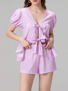 Women 2 Piece Outfits Reversible Tie Front Short Sleeves Tops And Elastic Shorts Club Streetwear Fashion Clothes