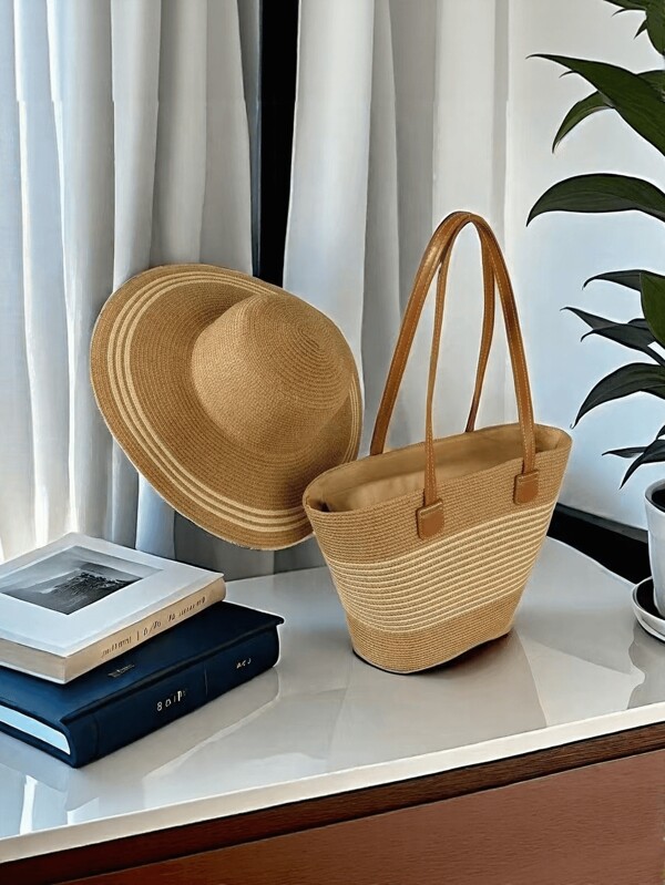 1 Straw Hat + 1 Straw Bag, Vacation Casual Set