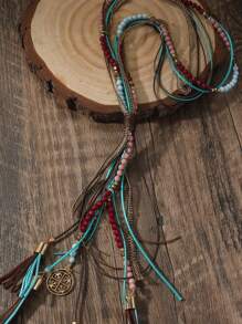 1 pieza Collar largo con borlas estilo bohemio, collar de país estilo boho multicolor de turquesa azul y rosa, accesorio de joyería de moda para mujer para vacaciones, fiesta de baile, cadena de suéter