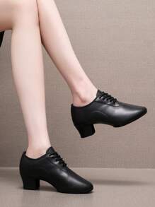 Women's Leather & Faux Fur Dance Shoes, Soft Bottom Ballroom Dancing Shoes, Medium Heels Latin Dance Shoes, Indoor Black Dance Sneakers - Black - View 2