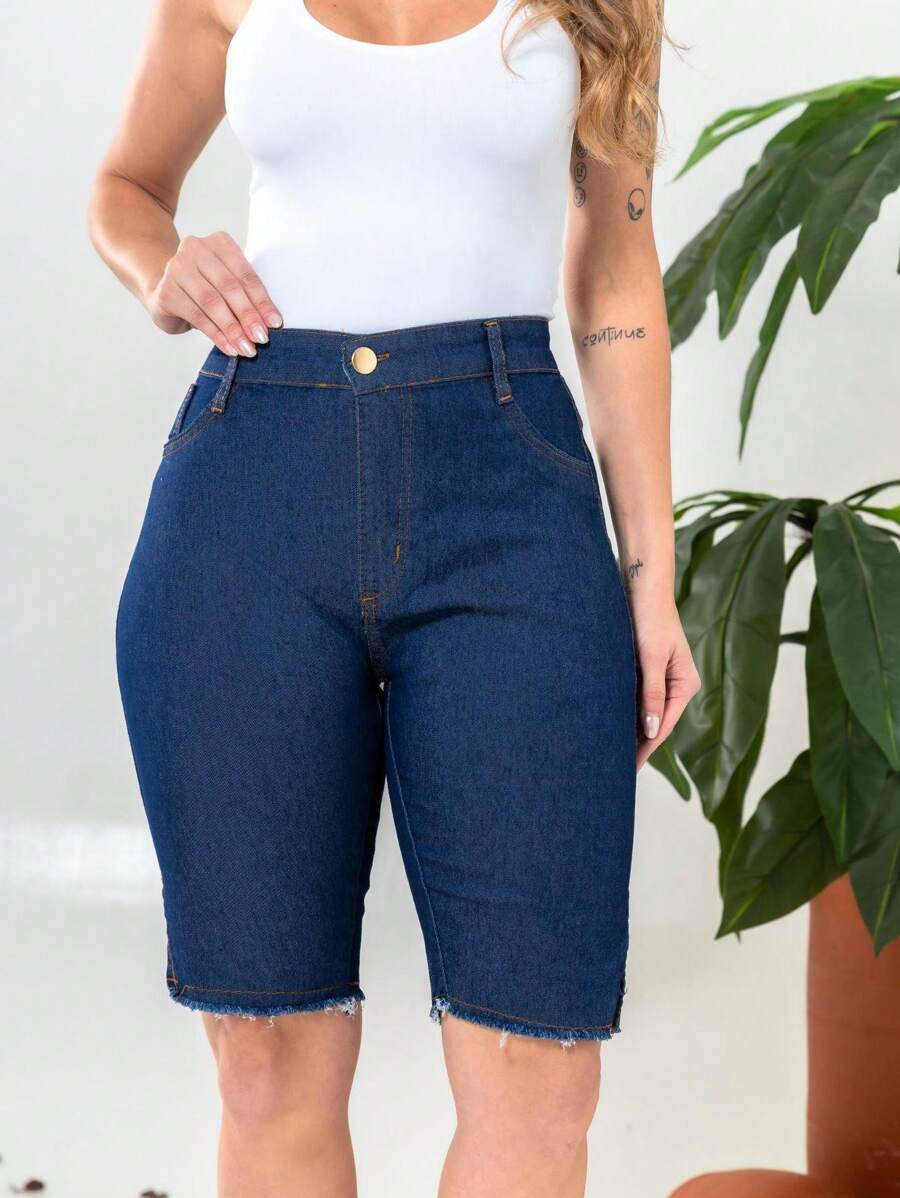 Women's Bermuda Jeans Mid-Rise High-Rise Thigh-High Butt Lifting Premium Fabric - Rửa tối - Xem 1