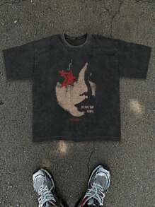 Plus Size Men's Casual Round Neck Summer T-Shirt With Ghostly Star Silhouette And Face Print