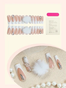 24 件白色法式长方形假指甲，带 3D 蝴蝶、丰富水钻指甲和白色毛球设计，适合女士和女孩的假指甲按压指甲