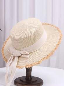Sombrero de sol de ala ancha, sombrero de paja con cinta de lino plana y decoración de lazo en estilo retro bohemio elegante, versátil para uso casual al aire libre, protección UV y contra el viento, poliéster, acento de lazo, primavera/verano