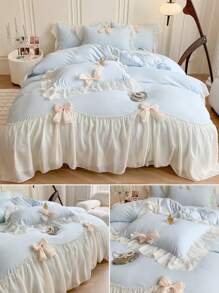 3/4 peças Conjunto de Roupa de Cama Floral de Chiffon com Borda (Capa de Edredão x1, Lençol x1, Fronha x1/2, Excluindo Enchimento), Conjunto de Capa de Edredão com Laço 3D de Estilo Princesa em Poliéster, Tamanho Queen, Macio e Confortável, Adequado para Quarto, Hotel, Todas as Estações