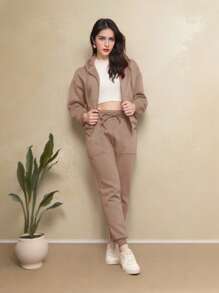 Sweatshirt Set With Pocket - Khaki - View 1