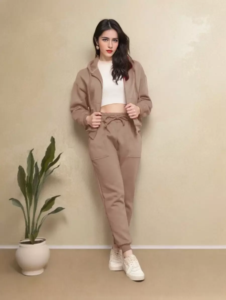 Sweatshirt Set With Pocket - Khaki - View 1