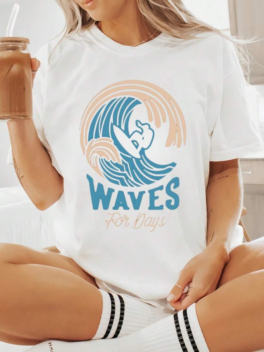 220g Heavy - Weight Pure Cotton T - Shirt With Retro - Style Wave Design And Text Beachy And Stylish - 白色 - 查看 1