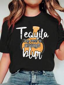 Funny Tequila Blur Party Humor Spirits Tequila Lovers Tees,Fashion Casual T-Shirt Print Crew Neck Casual T-Shirt Short Sleeve Sports Top, Smart Casual/Street Style Women's Clothing