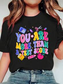 Funny Test Day You're More Than Score Motivational Students Print Crew Neck Casual T-Shirt Short Sleeve Sports Top, Smart Casual/Street Style Women's Clothing