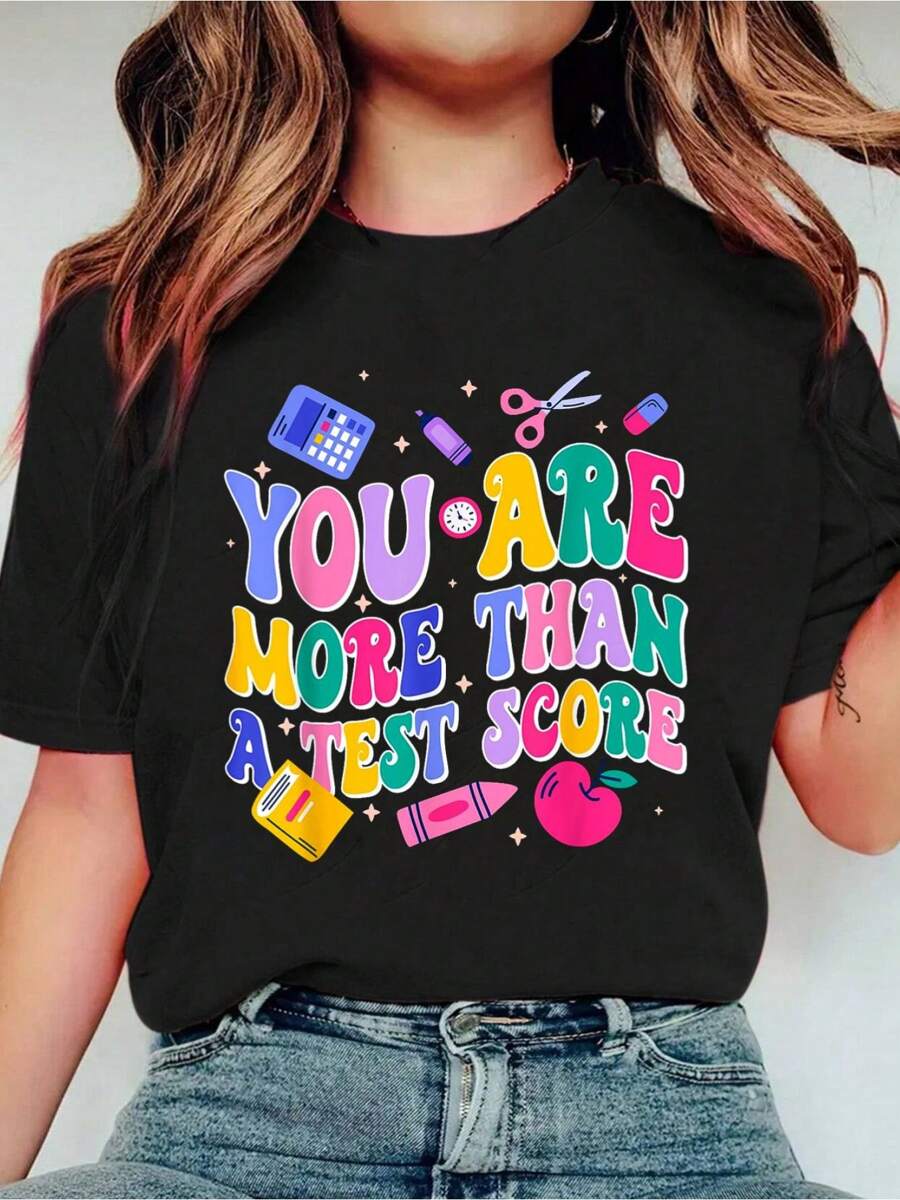 Funny Test Day You're More Than Score Motivational Students Print Crew Neck Casual T-Shirt Short Sleeve Sports Top, Smart Casual/Street Style Women's Clothing