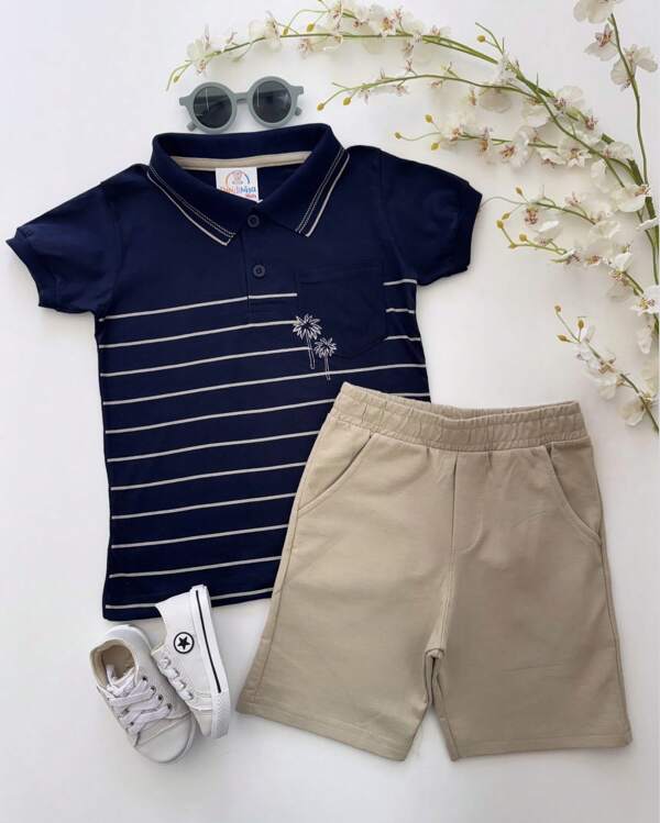 Conjunto Infantil Masculino Camisa Gola Polo Short Roupa Menino Camiseta Bermuda Listrado Listra Azul Marinho Eliot