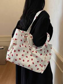 Lente schattige aardbei foto tas case pluche gestreepte canvas tas is een lichtgewicht zakelijke casual minimalistische boodschappentas geschikt voor tiener vrouwelijke studenten,