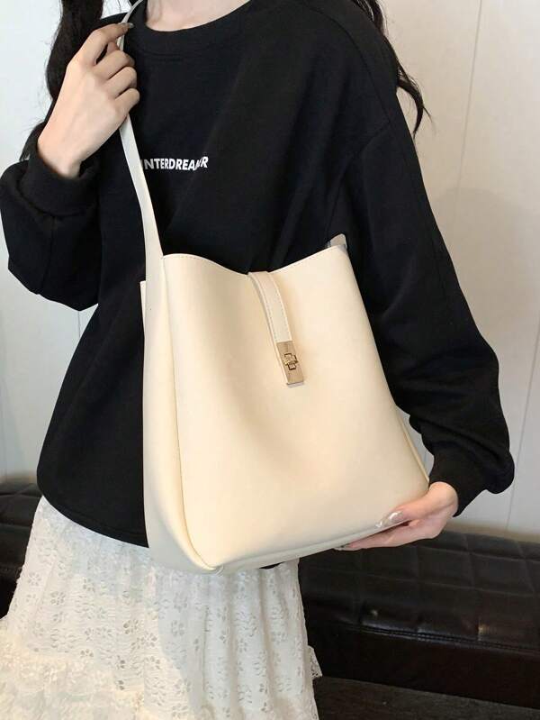 New Fashionable Solid Color Large Capacity Tote Handbag For Women, Casual Chic Bucket Bag Suitable For Work Commuting, Shoulder & Crossbody Bag