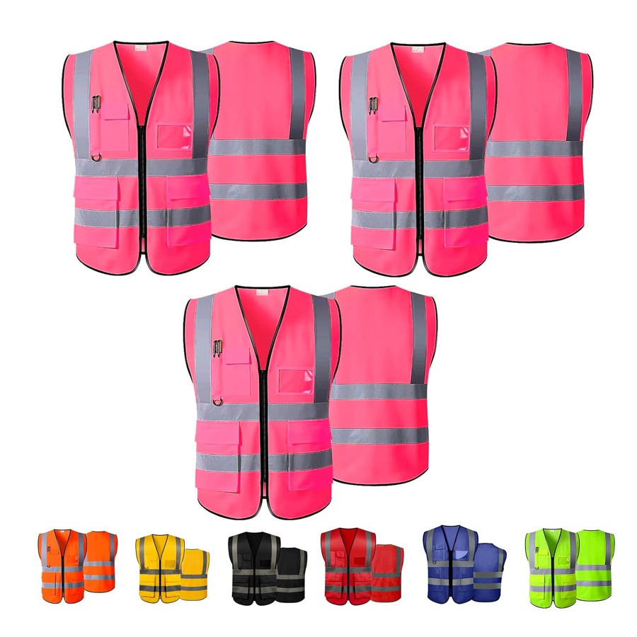 Vmingo 3 Piezas Chaleco Seguridad Reflectante Alta Visibilidad Industrial Brigadista con Bolsillos y Cremallera - Rosa - Ver 1