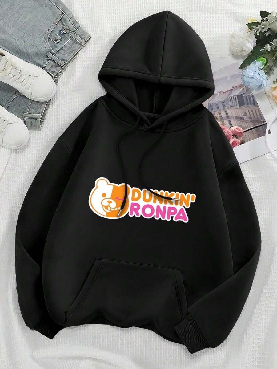 Dunkin' Ronpa Big Size Women Hoodie Junko Enoshima Monokuma Parody - Anime Humor Dunkin' Donuts Logo Ladies Jacket - màu đen - Xem 1