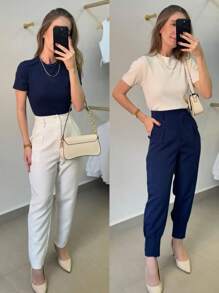 Women's Formal Carrot Tailored Trousers Basic Jogger Pants - trắng - Xem 3