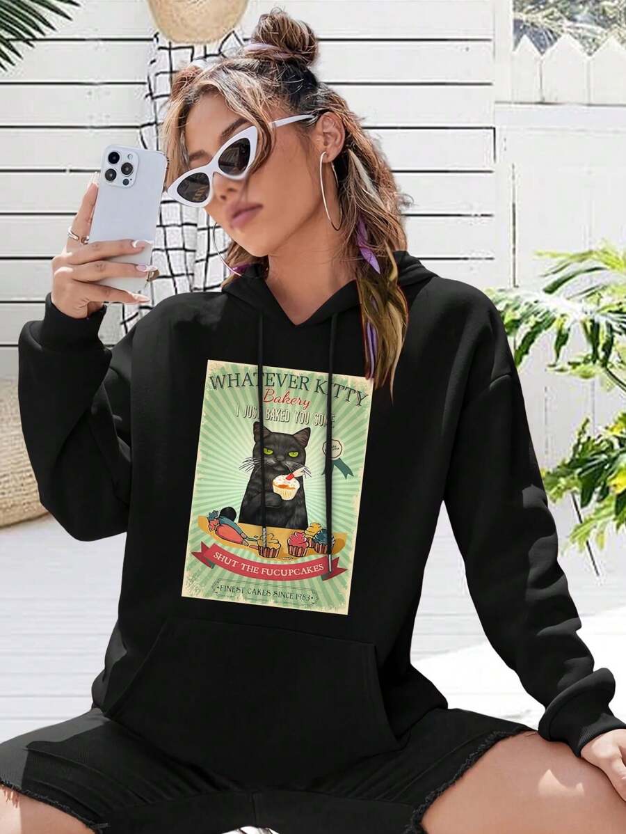 Black Cat Bakery FuCupcakes Halloween Big Size Women Hoodie Hoodies For Women Kitty Black Cats Funny - 黑色 - 查看 1