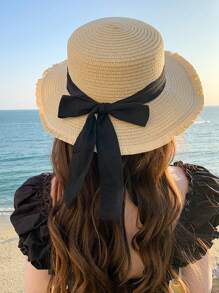 Sombrero de sol de ala ancha, sombrero de paja con cinta de lino plana y decoración de lazo en estilo retro bohemio elegante, versátil para uso casual al aire libre, protección UV y contra el viento, poliéster, acento de lazo, primavera/verano