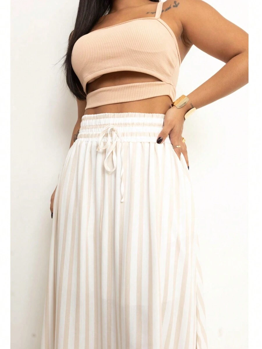 Solid Women's Long Skirt - Khaki Vertical Stripes - View 1