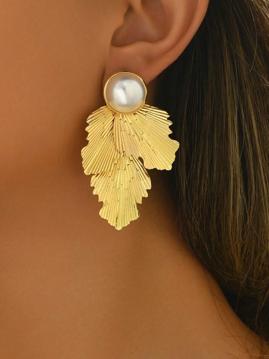 1 对女士夸张几何叶子设计耳环，简约时尚，适合日常休闲佩戴 - 金黃色 - 查看 1