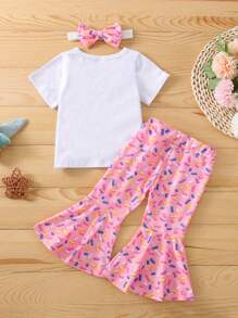 Conjunto de ropa informal para niña, blusa de manga corta con letras lindas y pantalones cortos/pantalones con estampado de dulces y diadema. - Rosa intenso - Ver 3