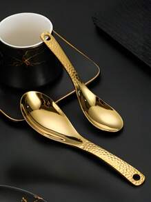 2 件加厚不锈钢勺子，锤纹复古手柄汤勺，镜面抛光无瑕疵甜点勺，圆形豪华儿童餐勺，耐用多用途餐具，用于搅拌、进食和上菜 - 可用洗碗机清洗的勺子，适用于餐厅、家庭、派对和婚礼