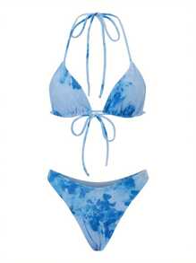 Women 2-Piece Swimsuits Fashion Prints Tie Front Halter Neck Bikini Bra And Briefs Sets For Summer Beachwear - Blue - View 2
