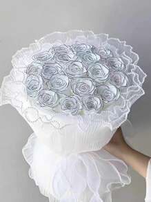 6 pièces/set Bouquet de fleurs en chiffon de style vague coréen, artisanat de fleurs roses pour l'emballage-cadeau, convient pour la décoration de fleuriste, les faveurs de mariage, les cadeaux d'anniversaire - chiffon, volants, perles, rose, blanc