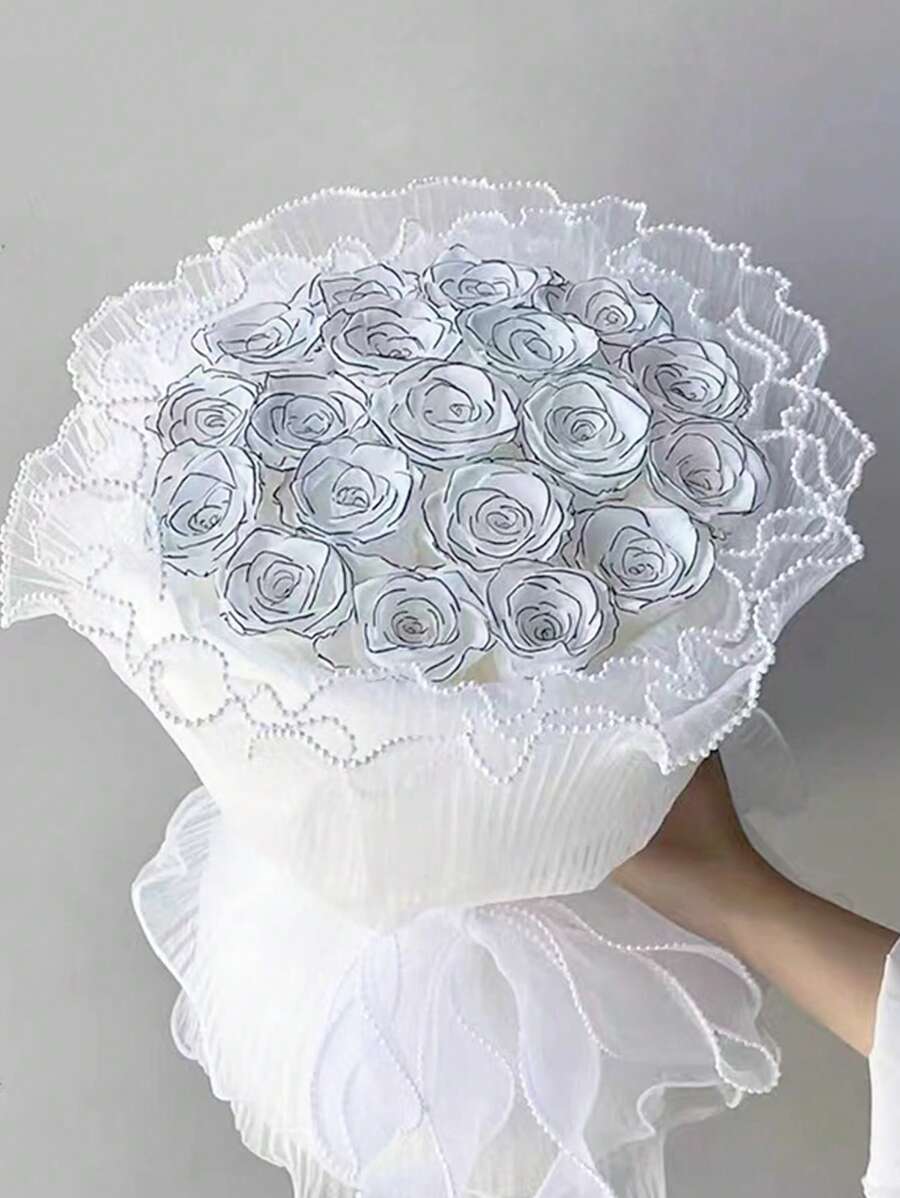 6 pièces/set Bouquet de fleurs en chiffon de style vague coréen, artisanat de fleurs roses pour l'emballage-cadeau, convient pour la décoration de fleuriste, les faveurs de mariage, les cadeaux d'anniversaire - chiffon, volants, perles, rose, blanc