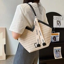 Bolso de capacidad grande con correa decorativa, bolso de paja vintage de nueva llegada primavera/verano 2025, bolso tejido versátil para el hombro para ir a trabajar, la playa, de compras, fiestas, niñas, estudiantes