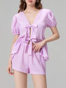 Women 2 Piece Outfits Reversible Tie Front Short Sleeves Tops And Elastic Shorts Club Streetwear Fashion Clothes