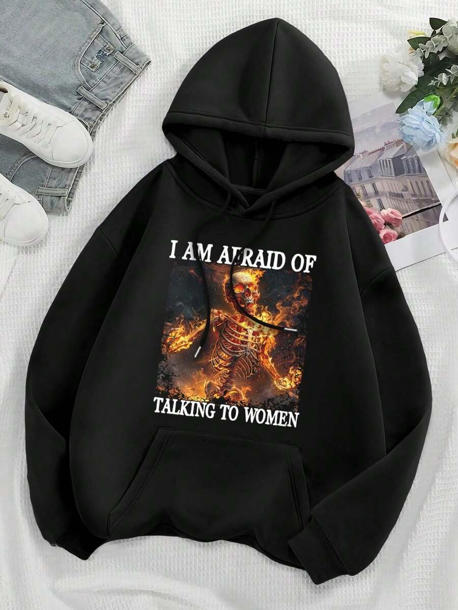 I Am Afraid Of Talking To Woman Skeleton Memes Hilarious Funny Skeleton Meme Big Size Women Hoodie Sweatwomen Hoodies For Ladies - 黑色 - 查看 1