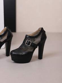 Bombas com Garganta Profunda de Malha para Mulheres, Novos Sapatos de Malha de Verão, Botas de Plataforma de Salto Alto à Prova d'Água de Malha, Botas de Cano Curto com Salto Grosso - Preto - Visão 6