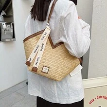 Bolso de capacidad grande con correa decorativa, bolso de paja vintage de nueva llegada primavera/verano 2025, bolso tejido versátil para el hombro para ir a trabajar, la playa, de compras, fiestas, niñas, estudiantes