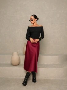 Satin Midi Skirt With Elastic - Redwood - View 1