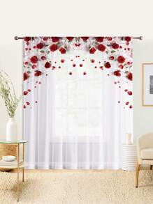 1 pièce Rideau imprimé avec motif de rose rouge sombre et cœur, style nordique moderne. Impression numérique 3D, semi-transparent, délicat, ambiance élégante et romantique pour illuminer votre maison de rêve, convient pour la décoration intérieure quotidienne