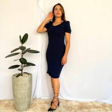 Midi Dress Fitted Straight Short Sleeve Princess Fashion - Azul Marino - Ver 3