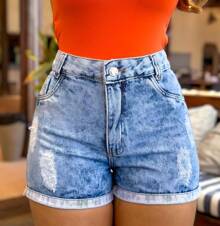 Basic Black And Gray Denim Shorts With Hem - Baby Blue - View 1