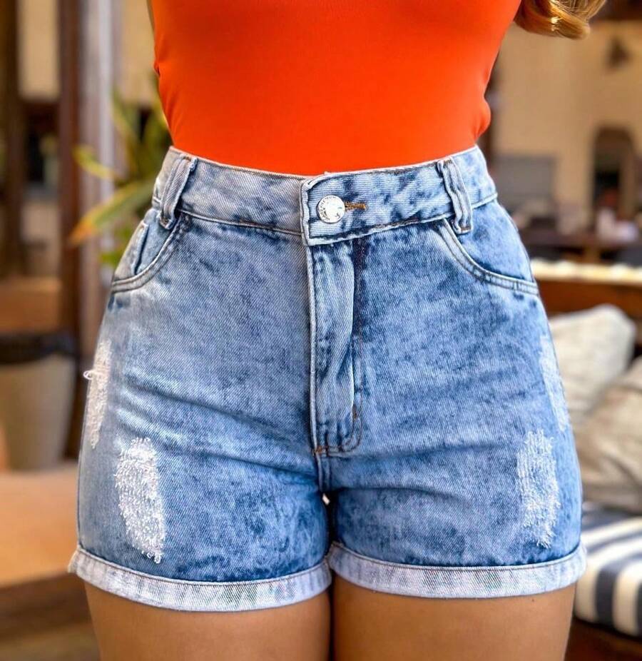 Basic Black And Gray Denim Shorts With Hem - Baby Blue - View 1