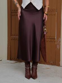 Satin Midi Skirt With Elastic - Óxido marrón - Ver 3