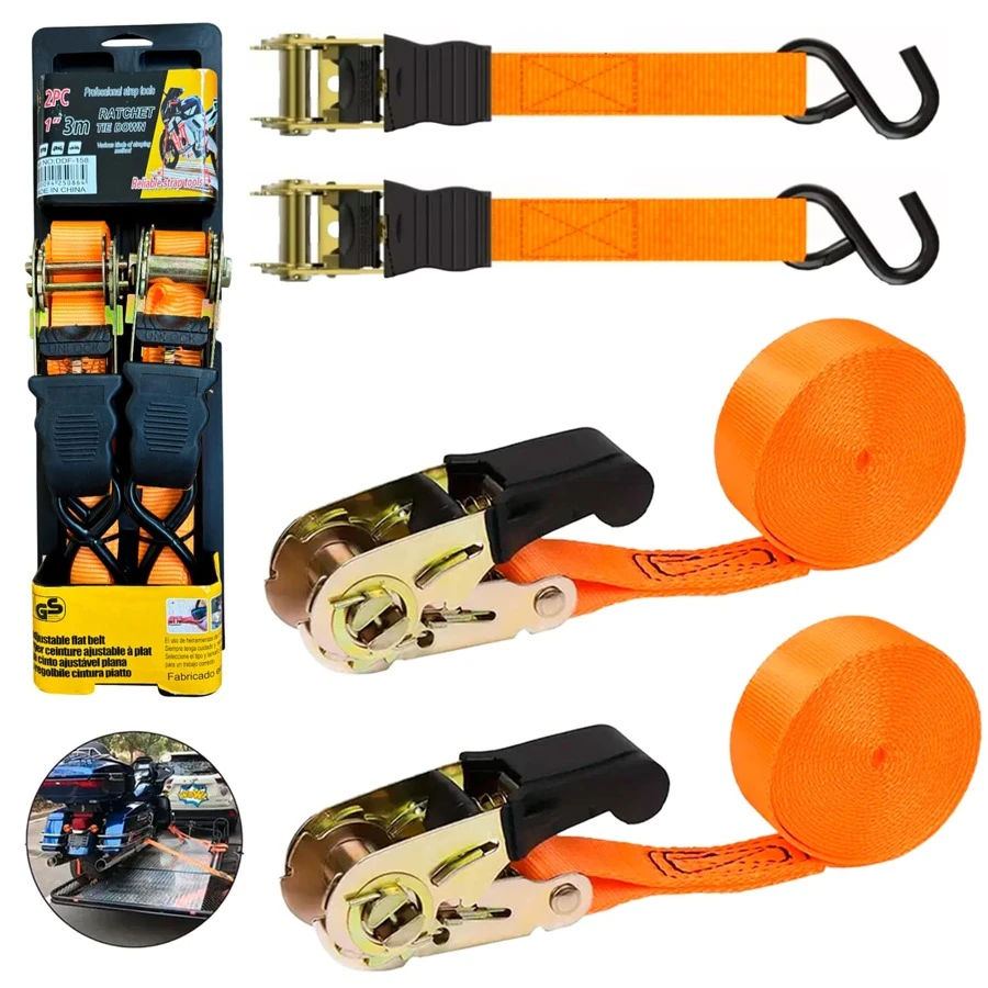 Vmingo 2pzs Sujetador Matraca Cinto 3m Auto Moto Carga Amarre 400kg	Tensor Acero cuerda de remolque cinturon de trinquete - Naranja - Ver 1